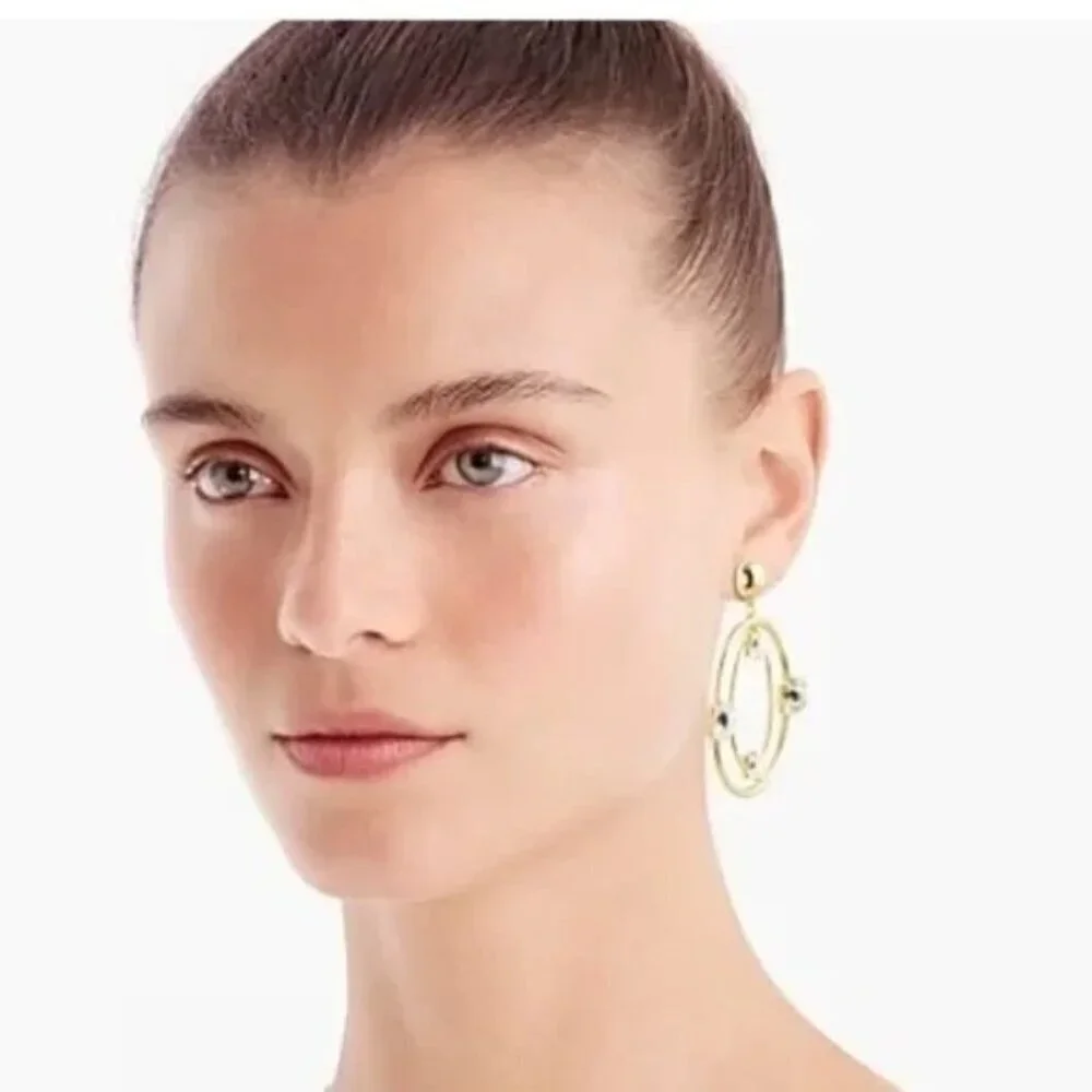 J. Crew Gold Double Oval Crystal Hoops Statement Earrings NWT